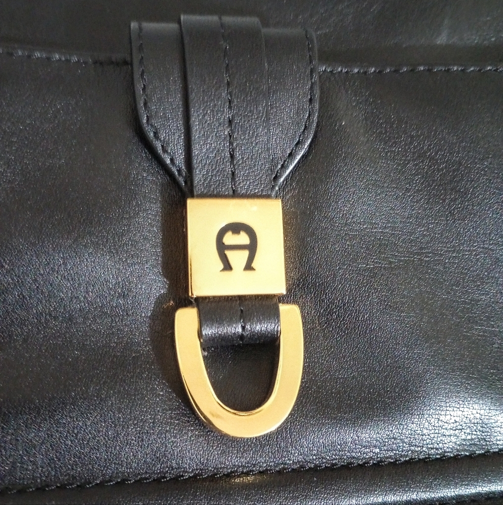Vintage Aigner Black Leather Bag Gold Tone Hardware - Picture 2 of 10